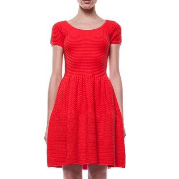 NWT Sandro Paris Ruffus Ribbed Chevron Knit Fit & Flare Mini Dress Red 1 / S - Picture 1 of 6